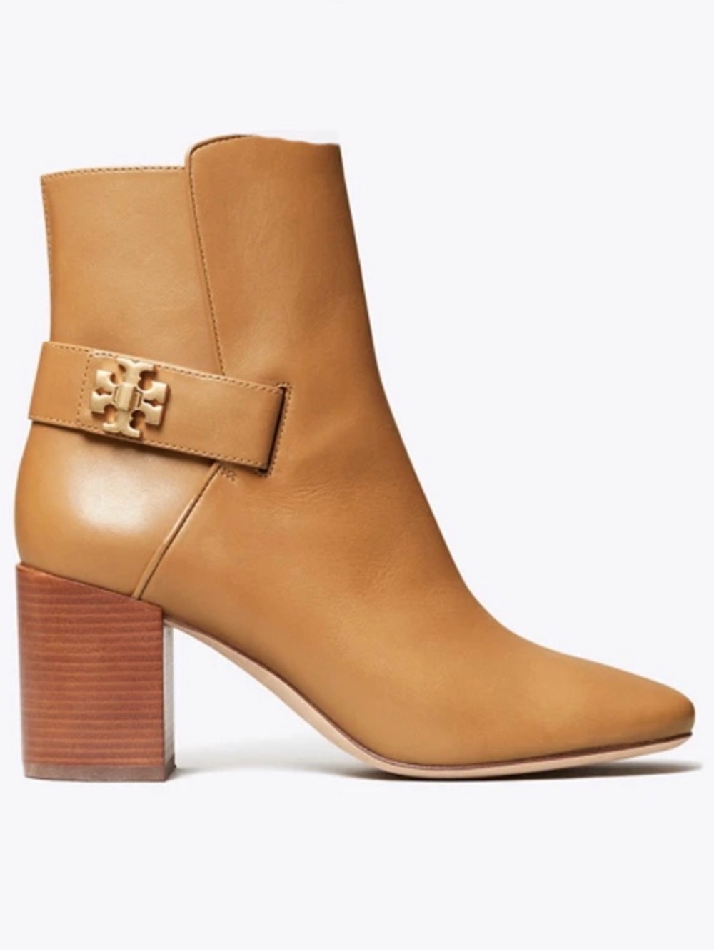 Tory Burch “Kira” Caramel Leather Block-Heel Ankle Boot with Logo Strap